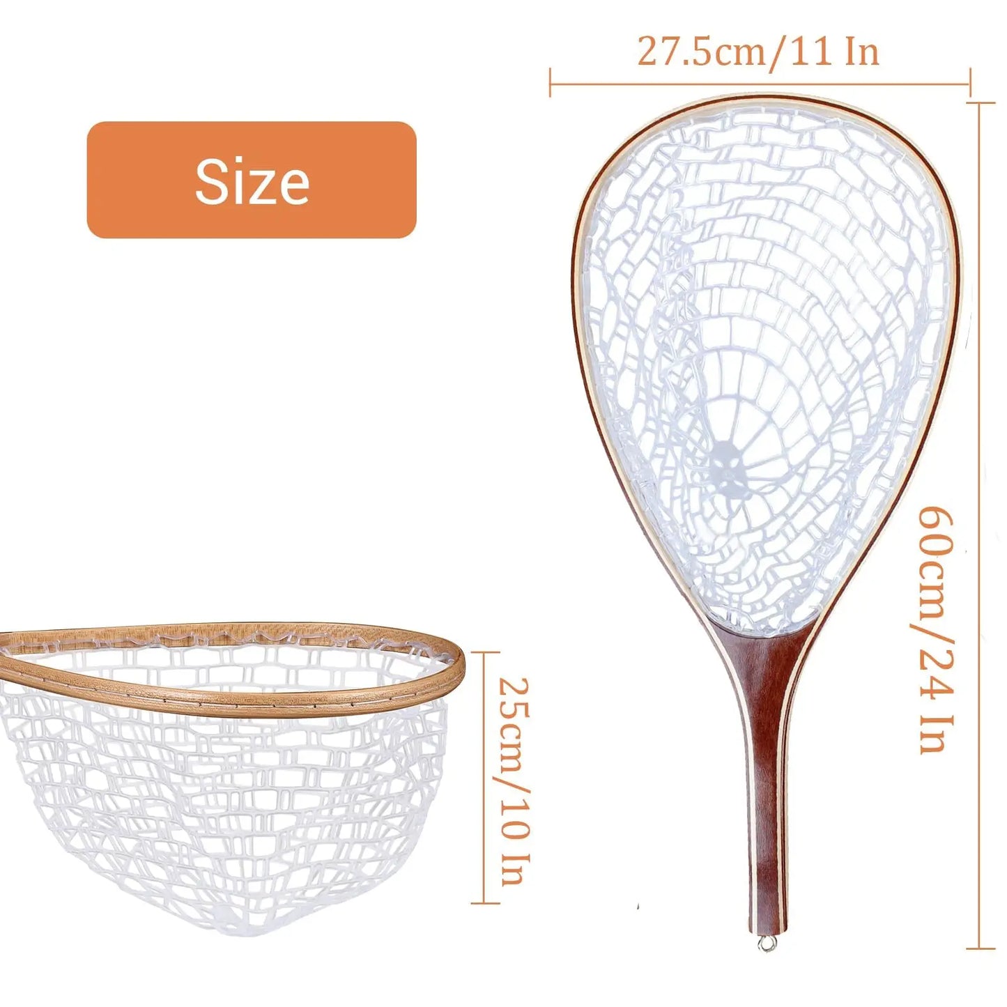 Wooden Frame Fly Fishing Landing Net Knotless Rubber Mesh Fish Friendly