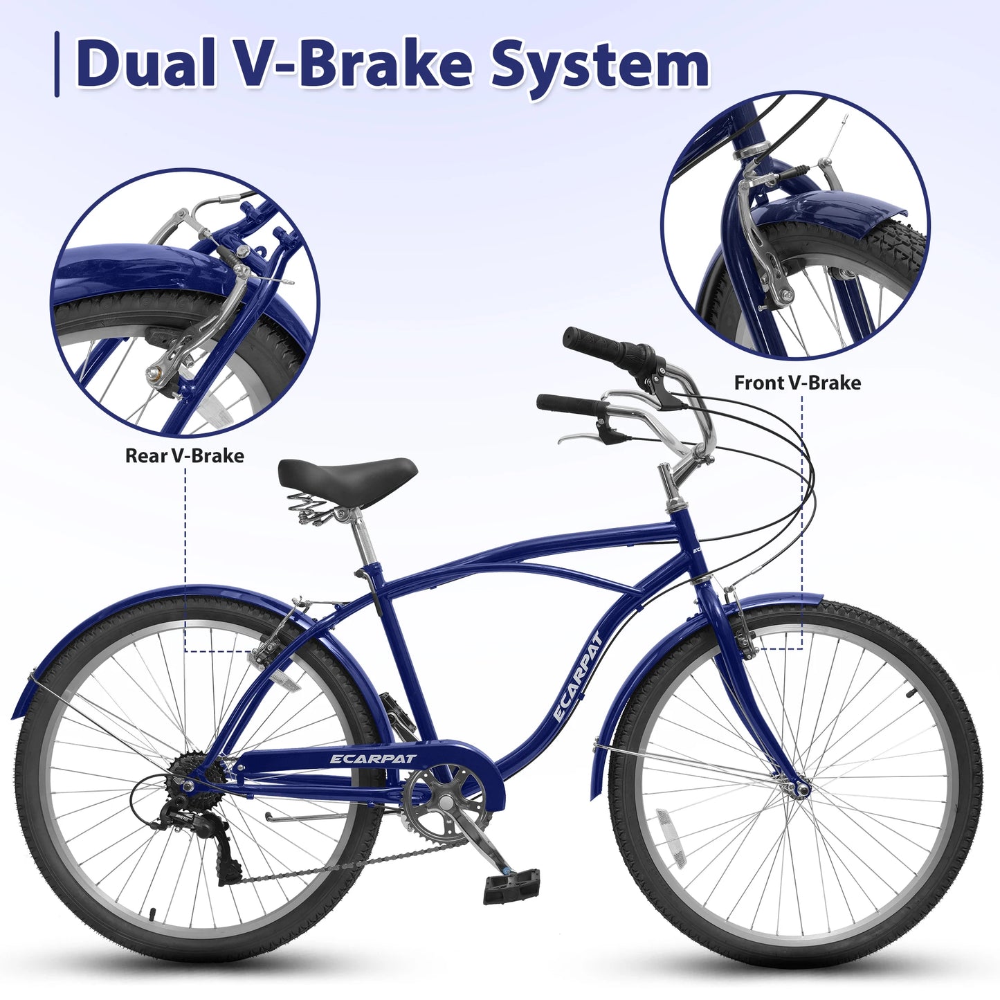 26 Inch Beach Cruiser Bike for Men Women, 7 Speed Commuter Bicycle with Dual V-Brakes and High-Carbon Steel Frame, Comfortable City Bike for Adult