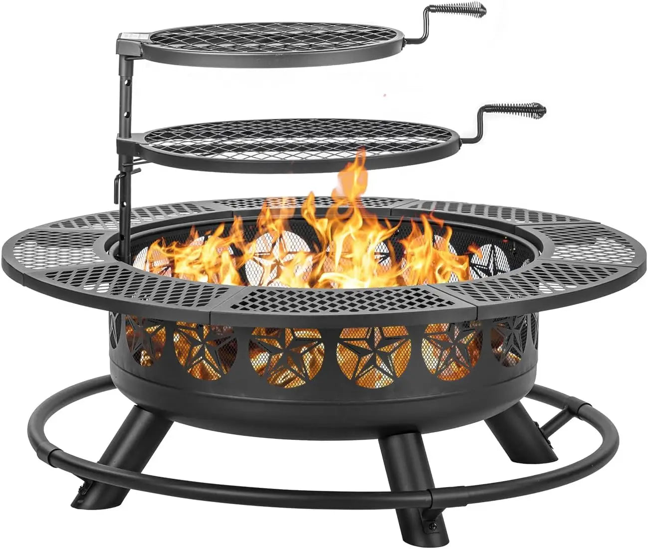 Outdoor Wood Burning Fire Pit With Cooking Grills And Lid