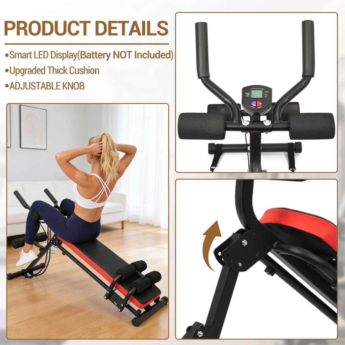 2-in-1 Adjustable Ab Bench Glider with LCD Display Foldable Core Abdominal Trainer Multi-Function Workout Equipment for Home Gym