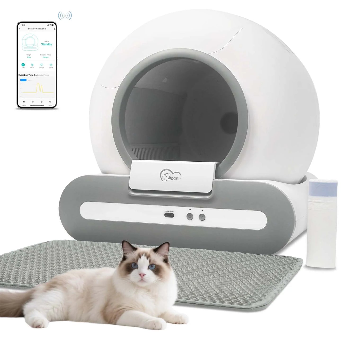 DOEL 65L Self Cleaning Cat Litter Box With App Control 2.4G WiFi