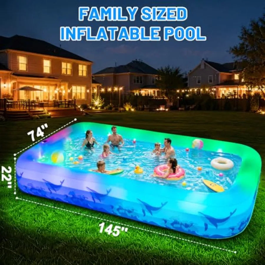 Inflatable Backyard Pool for Kids and Adults With LED Lights
