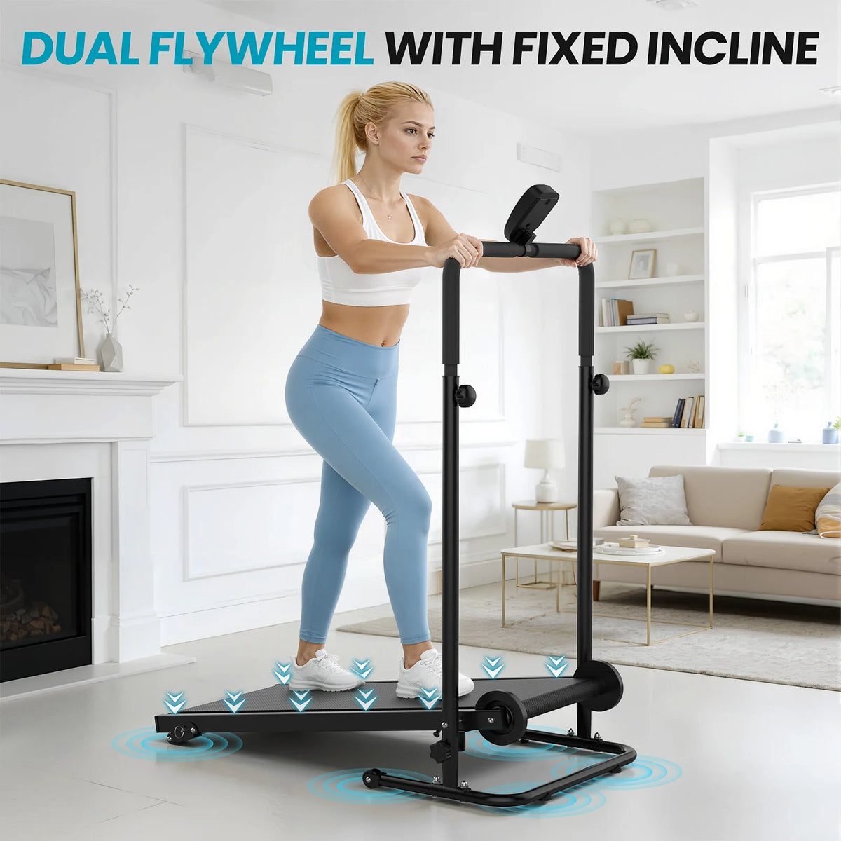 AKLUER Non Motorized Treadmill with Dual Flywheel and LCD Monitor