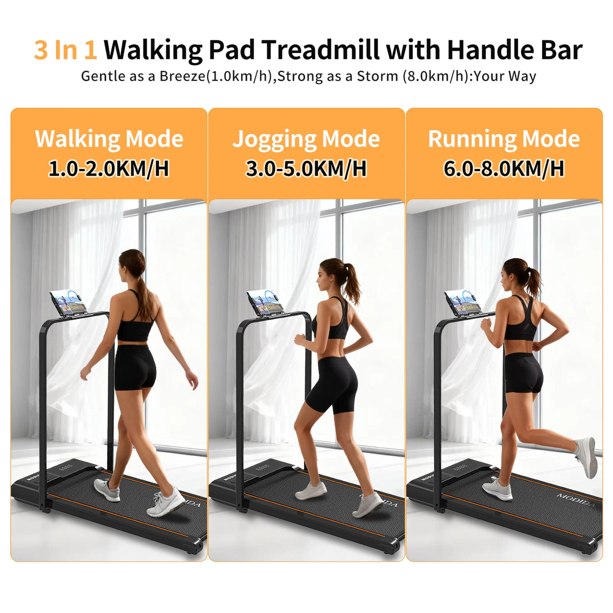 MODIDA Walking Pad Treadmill With Foldable Handrail And Quiet Motor