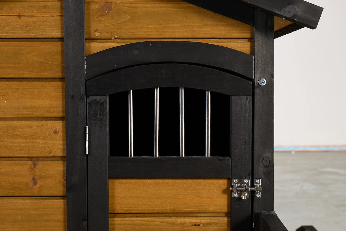 Waterproof Outdoor Wooden Dog Kennel with Double Bowls and Balcony