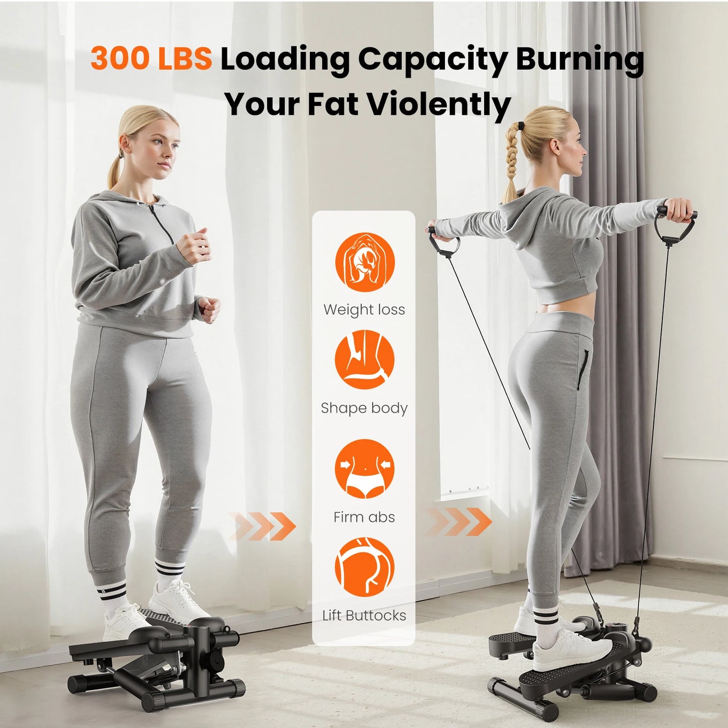 JHK Mini Stepper with Resistance Bands 300 LBS Weight Capacity Hydraulic Home Stepper Machine Compact Cardio Equipment with LCD Monitor No Assembly Required