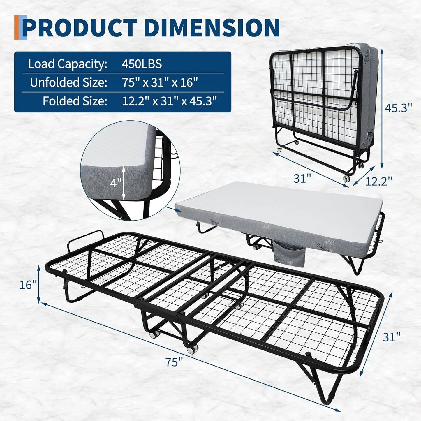 HiMISS Folding Bed With Memory Foam Mattress Portable Rollaway Bed For Adults