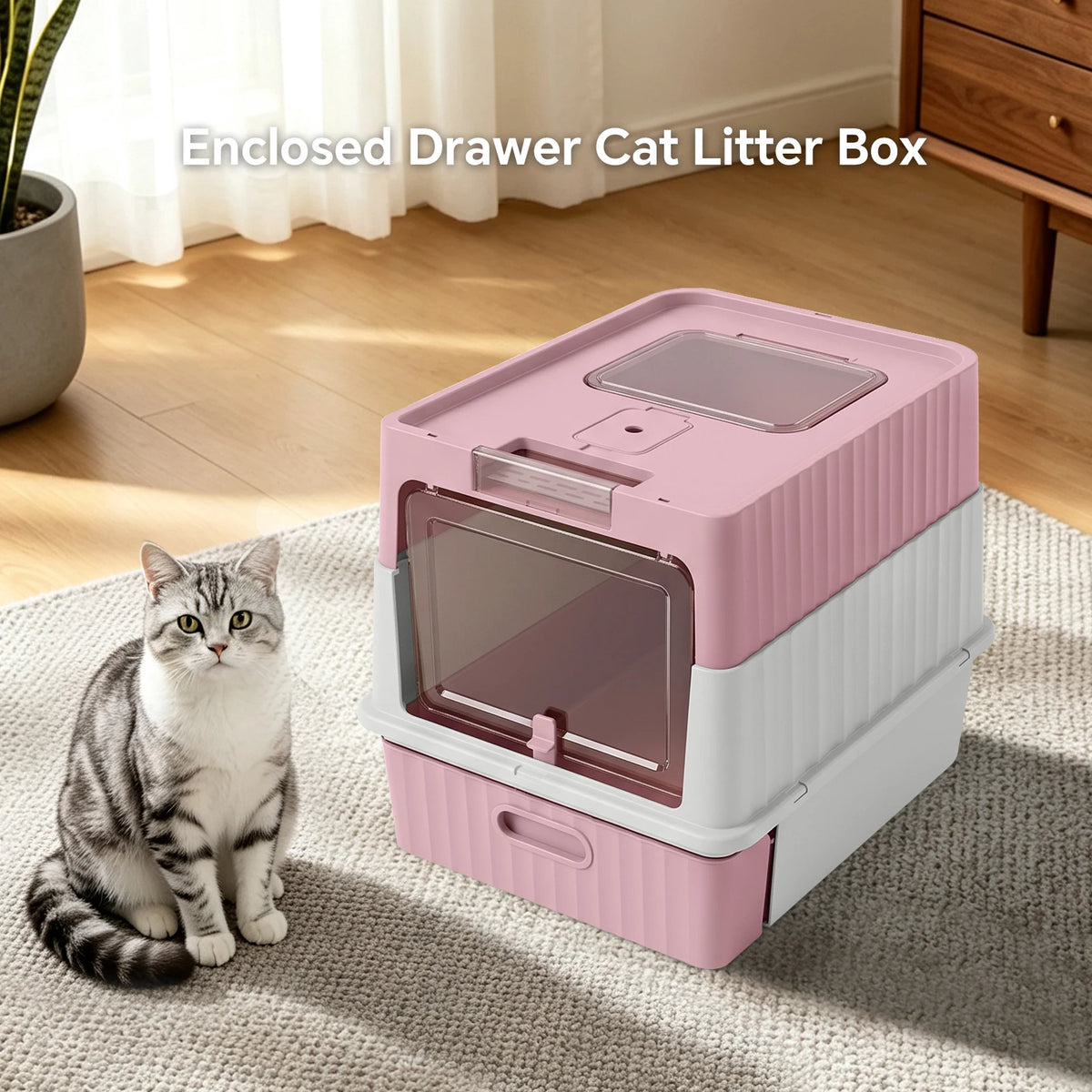 Mofang Enclosed Cat Litter Box With Easy Clean Drawer Scoop