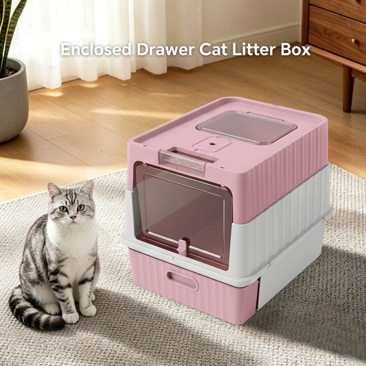 Mofang Enclosed Cat Litter Box With Easy Clean Drawer Scoop