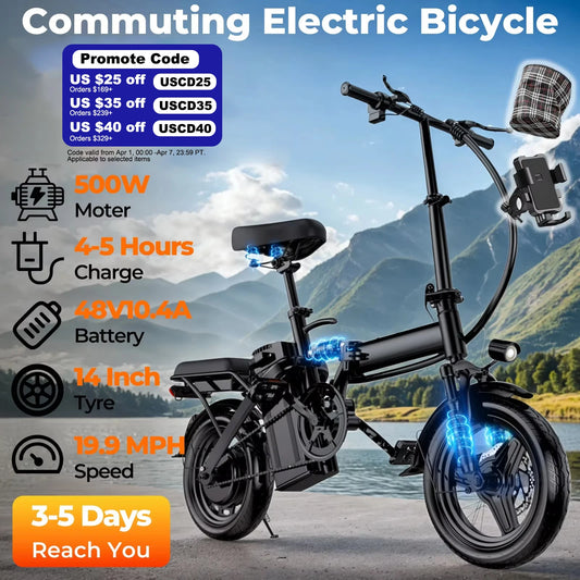 Lelekuai 500W Folding Electric Bike 20 MPH Removable Battery