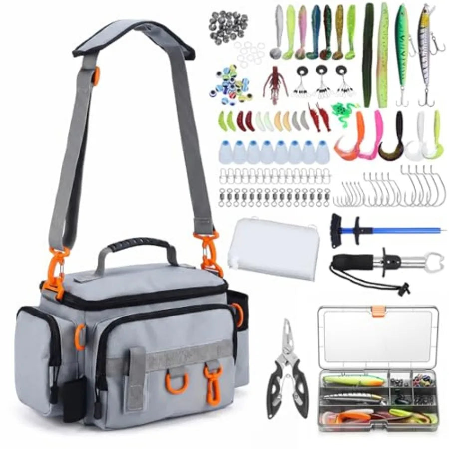 Fishing Tackle Bags With Tackle Box Waterproof Padded Strap 136 Pcs Lures Kit