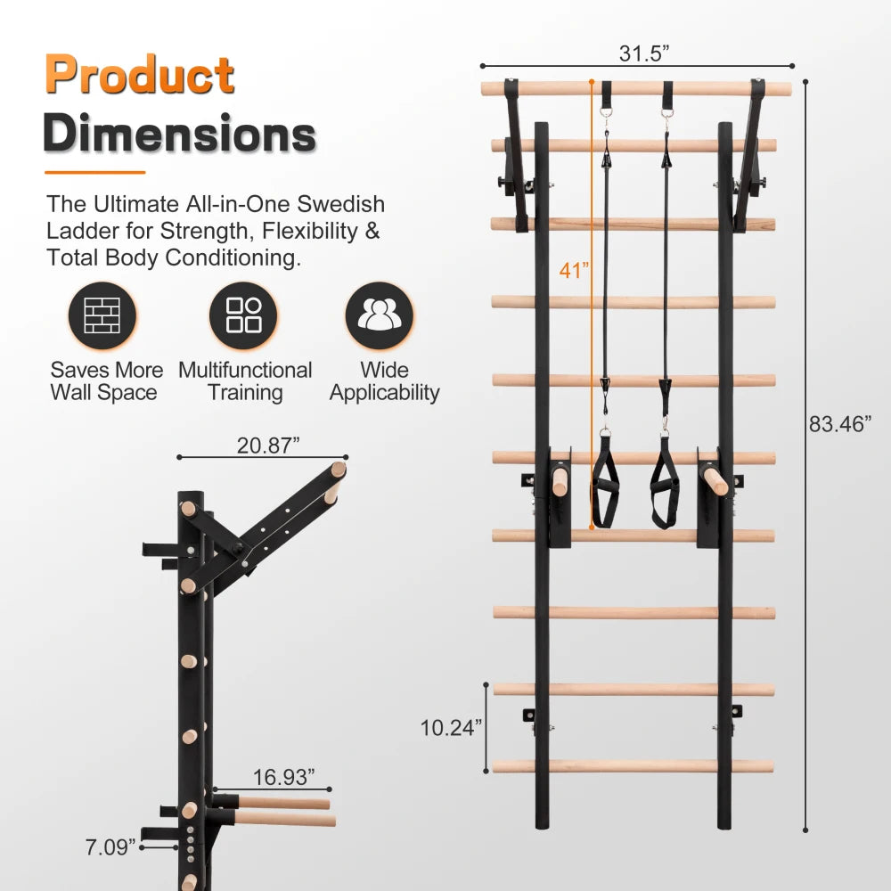 Swedish Ladder Wall Gym With Adjustable Pullup And Dip Bars
