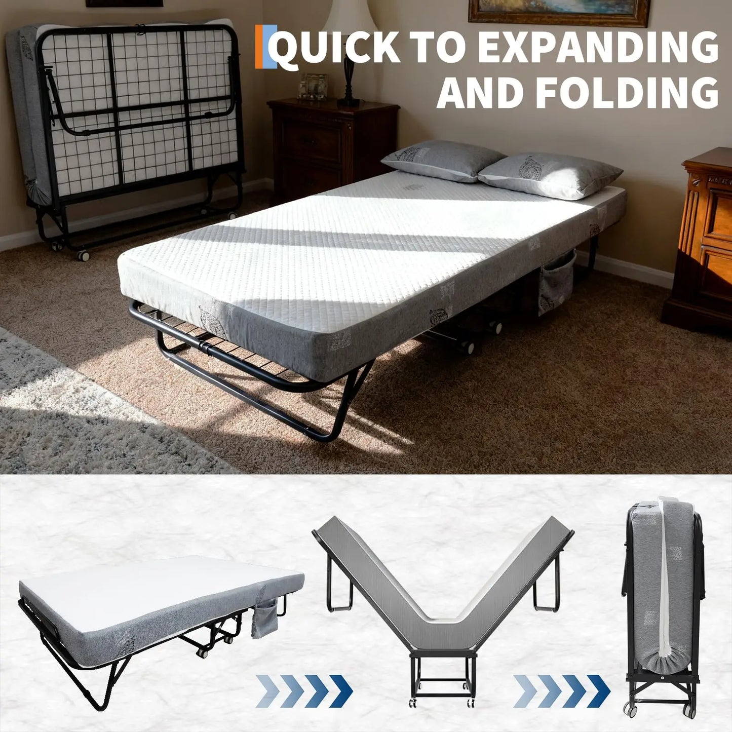 HiMISS Folding Bed With Memory Foam Mattress Portable Rollaway Bed For Adults