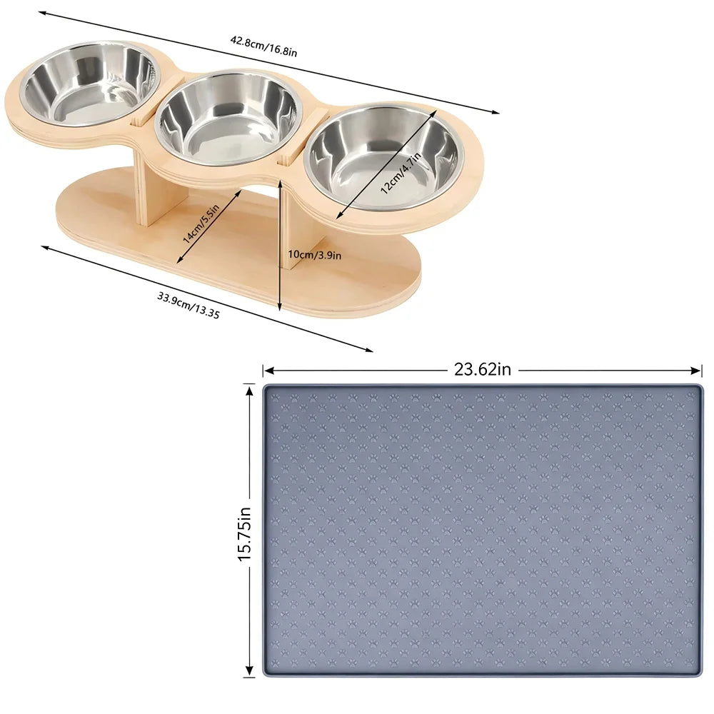Cat 3 Stainless Steel Bowls Raised Feeder With Tilted 15 Silicone Mat Wood Stand